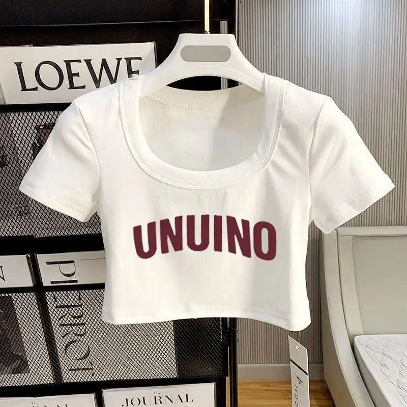 Trang Phục Mùa Hè, Dễ Phối Đồ Của Cô Gái Nóng Bỏng, Màu Trắng, Dáng Ôm, Áo Crop-Top Cổ Chữ U, Áo Thun ngắn Tay Áo, Dành Cho Nữ, Hàng Mới Về 2024, Cạp Cao Ngắn, Phong Cách Ins 3