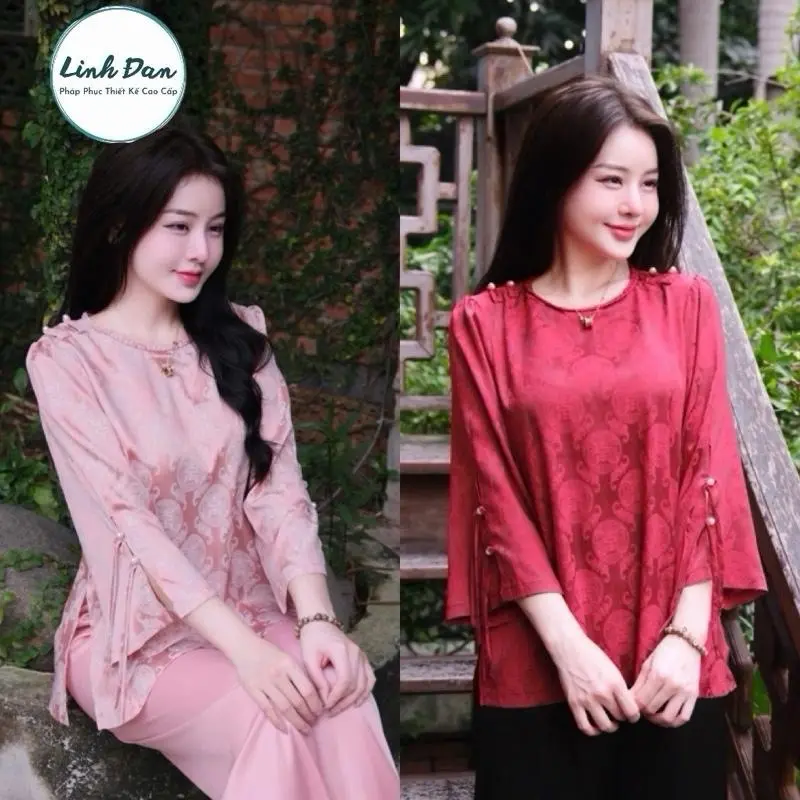 LINH ĐAN Bộ quần áo đi chùa pháp phục Linh Đan lụa gấm thọ rơi cổ tết cao cấp hàng thiết kế