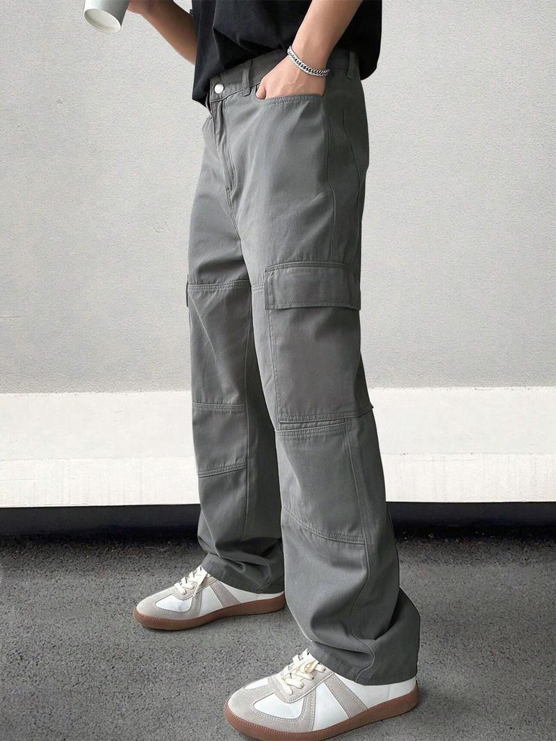 Product Introduction of Men's Solid Flap Pocket Cargo Pants, Regular Fit Casual Street Fashion Comfy Trousers for Daily Wear, Men's Bottoms for All Seasons 3
