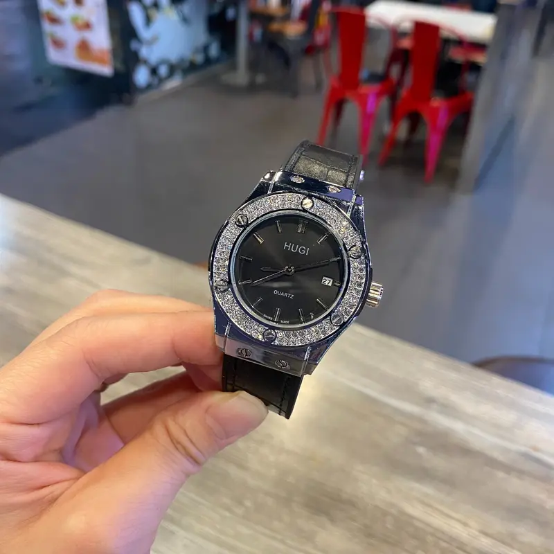 Hugi Đồng Hồ dây da Nam nữ luxury 603 basic dây da niềng đá cao cấp, sang trọng. Đồng hồ đeo tay thời trang, phụ kiện đẹp. Kiềng Watch 7