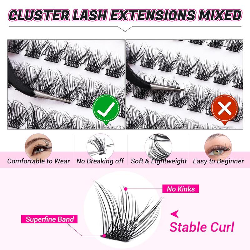 Individual False Eyelashes with Lash Bond and Seal and Lash Applicator Tool, Natural Look DIY Lash Extension Kit, Natural Curling Cluster Lashes for Eye Makeup, Summer Makeup, Valentine's Day Gift for Women, Cluster Lashes Kit 8