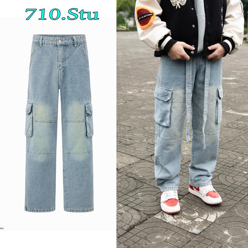 Quần Jean Denim Cargopant Túi hộp Mix Dây Đai Form Suông vừa Chính Hãng 710.stu street wear Nam Menswear