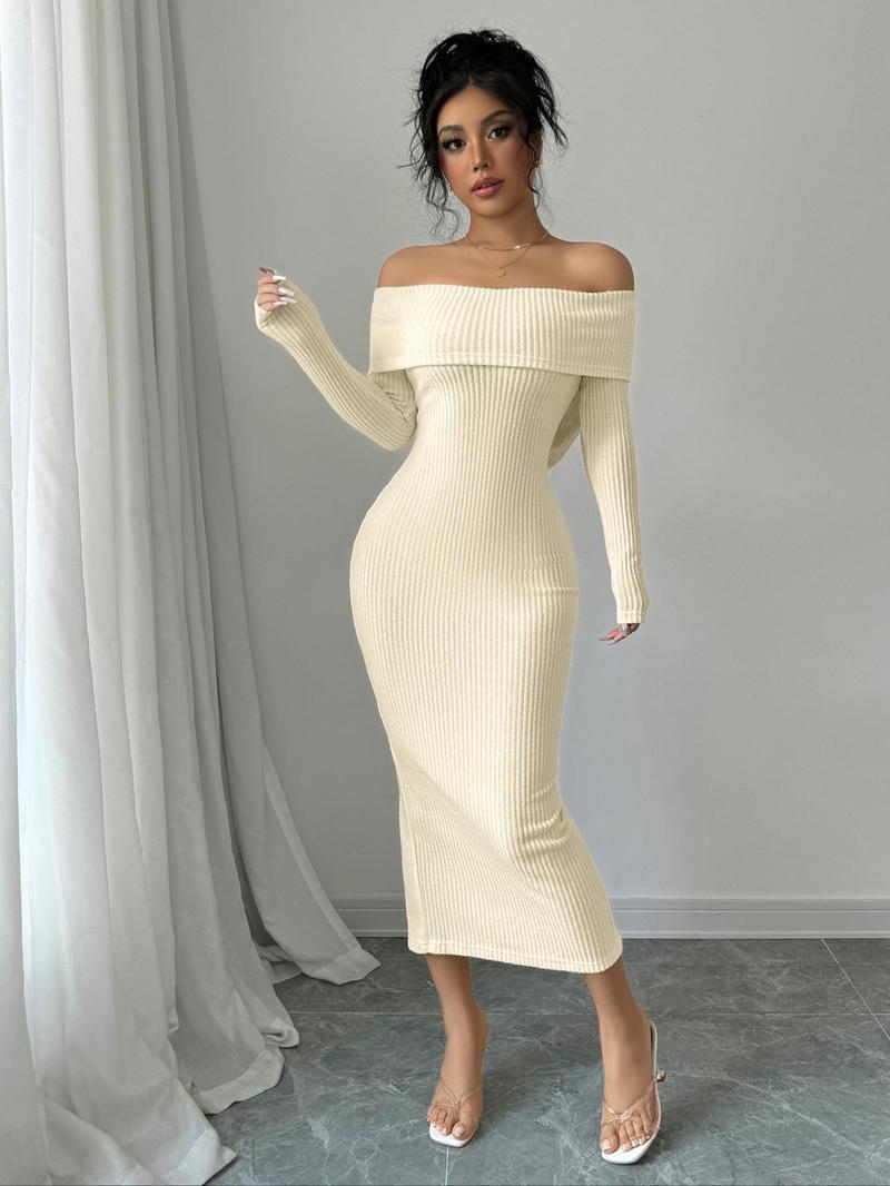 Product Introduction of Aliling Women's Off Shoulder Ribbed Bodycon Dress, Elegant Fashion Long Sleeve Dress for Party Dating Wear, Women Dress for Fall & Winter 6