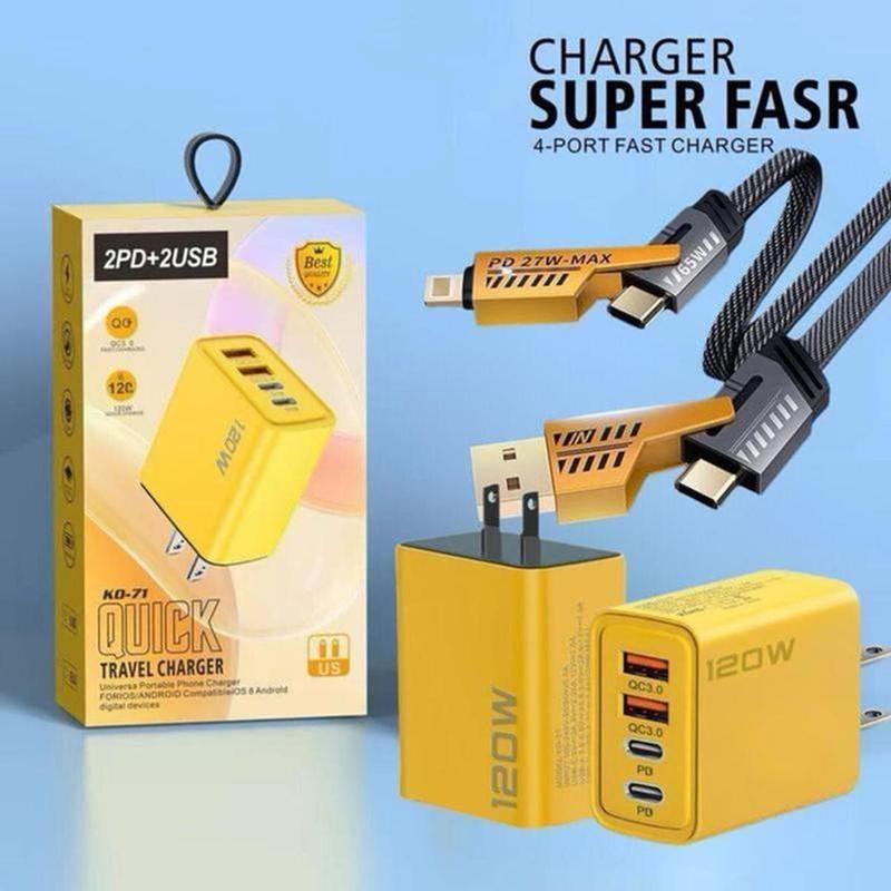 Đầu sạc 120W+Cáp sạc 4 trong 1, Cáp sạc nhanh 65W Loại C Đa chức năng, sạc nhanh 4 trong 1