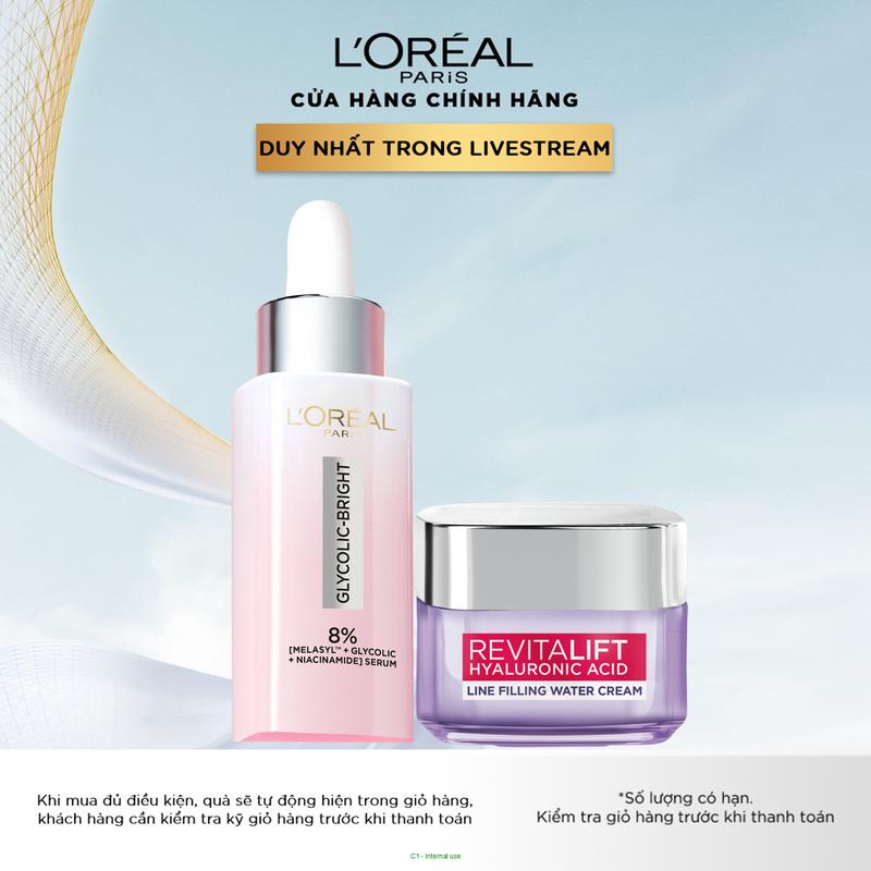 Bộ chăm sóc dưỡng sáng da Serum Glycolic Bright L'Oreal Paris & Kemdưỡng cấp ẩm mịn da L'oreal Paris Revitalift Hyaluronic Acid 50ml (30ml & 50ml) Skincare Làm Đẹp Da