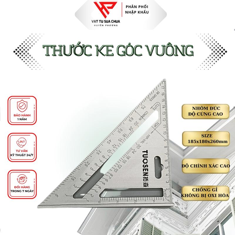 Thước ke góc vuông nhôm đúc eke tam giác đo góc đa năng 45 độ hàng chính hãng TUOSEN