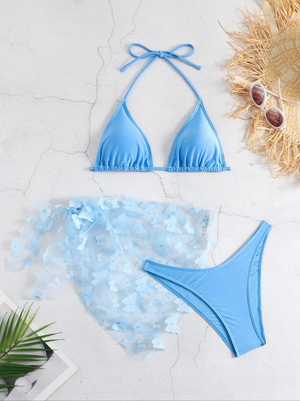 Women's Butterfly Appliques Sheer Bikinis for Summer, Swimsuit Sets, Bathing Suits 2024 for Women Summer, Halter Triangle Swim Bra & High Cut Swim Panty & Knot Side Cover Up Skirt, Summer Tummy Control Swimwear for Beach Holiday 6