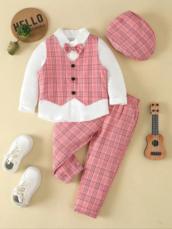 Three-piece Set Boy's Bow Tie Button Front Shirt & Elastic Waist Pants & Plaid Print Vest Set with Hat,  Casual  Long Sleeve Collared Top & Pocket Trousers & Vest Set, Kids Spring Outfits 0