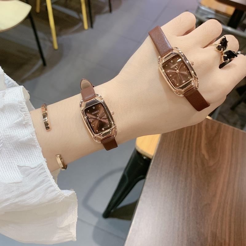 Đồng Hồ Nữ Gossie Dây Da Nâu Du Chữ Nhật Bản Nhỏ Xinh Cho Khách Hàng Tay Nhỏ