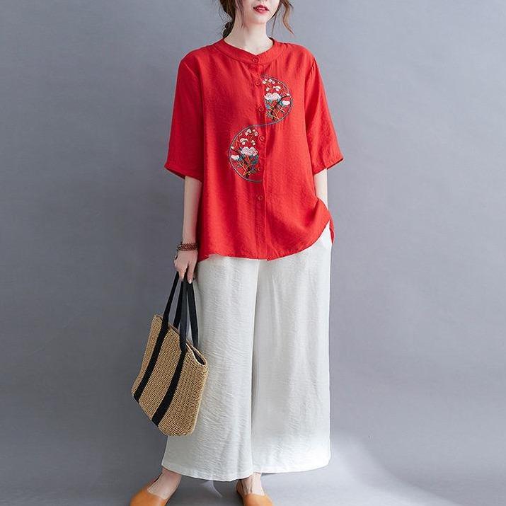 Áo Trung Niên Nữ Cổ Tròn Thêu Họa Tiết Chất Đũi Xước Nhật Phong Cách Hàn Quốc Top Women 6