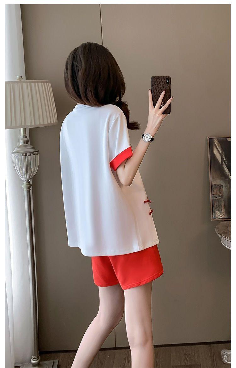 Product Introduction of New Chinese Casual Graceful Fashionable Set Women's Summer Short Sleeve Shorts Red Chinese Style Sports Popular Two-Piece Set 19