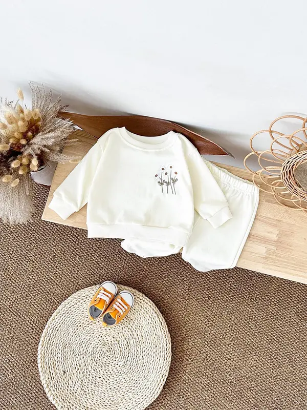 Baby's Solid Flower Embroidery Long Sleeve Sweatshirt & Elastic Waist Pants Two-piece Set, Casual Spring & Fall Outfits for Infant, Newborn Baby Clothes Gifts 2