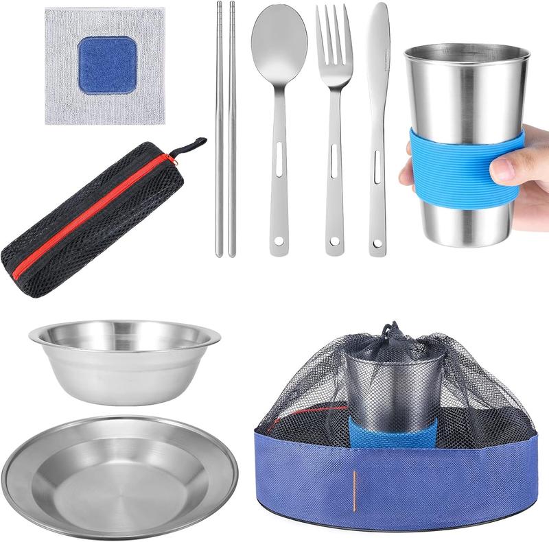 TikTok Shop Outdoor Camping Mess Kit 1 to 2 persons Camping Dishes Includes Cups Bowls Dishes Forks Spoons Etc Camping Dinnerware Set with Mesh Bag is Easy to Carry Camping Tableware Set