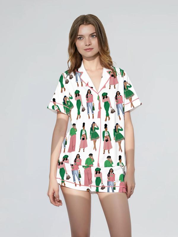Women's All Over Print Short Sleeve Satin Pajama Two-piece Set, Elegant Casual Comfy Button Front Lapel Neck Top & Elastic Waist Shorts PJ Set, Ladies Sleepwear for Summer 3