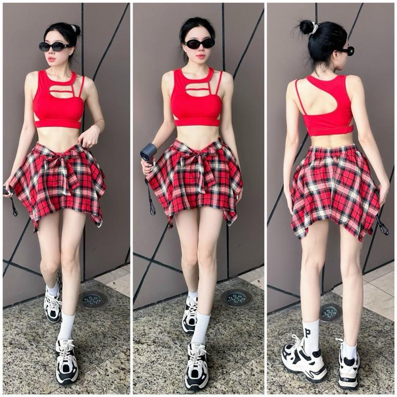 Chân váy thể thao nữ, váy kẻ caro buộc nơ chất đũi mềm thoáng mát dành cho các chị em chuyên nhảy zumba, shuffle dance 4