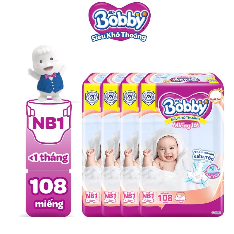 [COMBO 4] Bobby Miếng lót sơ sinh Newborn 1 (NB1 108 miếng) Siêu khô thoáng cho bé
