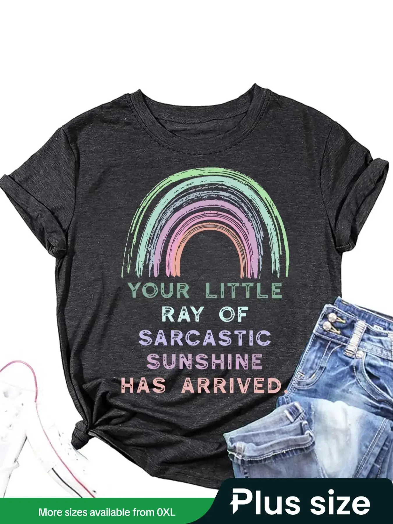 【Plus Size】 Rainbow & Letter Print Round Neck Tee, Casual Short Sleeve T-shirt for Daily Wear, Women Plus Clothing for All Seasons, Summer Tops