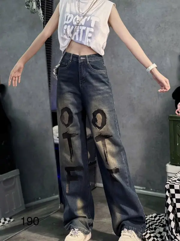 QUẦN JEANS NỮ XANH CẠP CAO KHÔNG GIÃN WASH LOANG MÀU BỤI VÀNG IN CHỮ SƠN ĐEN THỜI TRANG CÁ TÍNH Women Pants Có Túi Navy 6