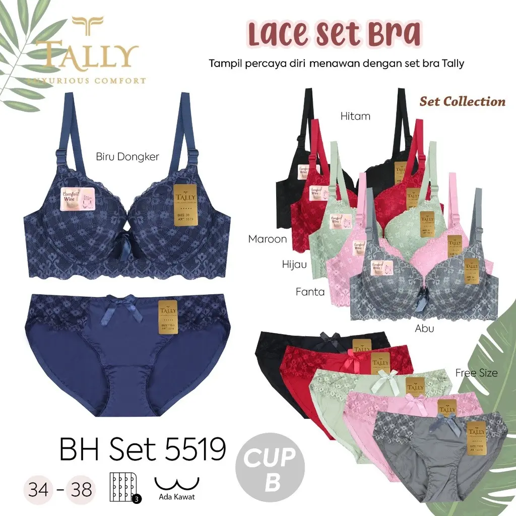 MITRA RR Tally Bra Set Brukat Busa Sedang Dengan Kawat Cup B | Tally BH + Celana Dalam Wanita 5519