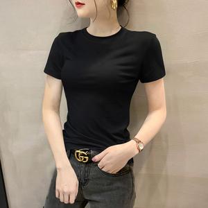 Black round neck short sleeved T-shirt for women's summer new item, pure cotton slim fit and slimming half sleeved front shoulder T-shirt top