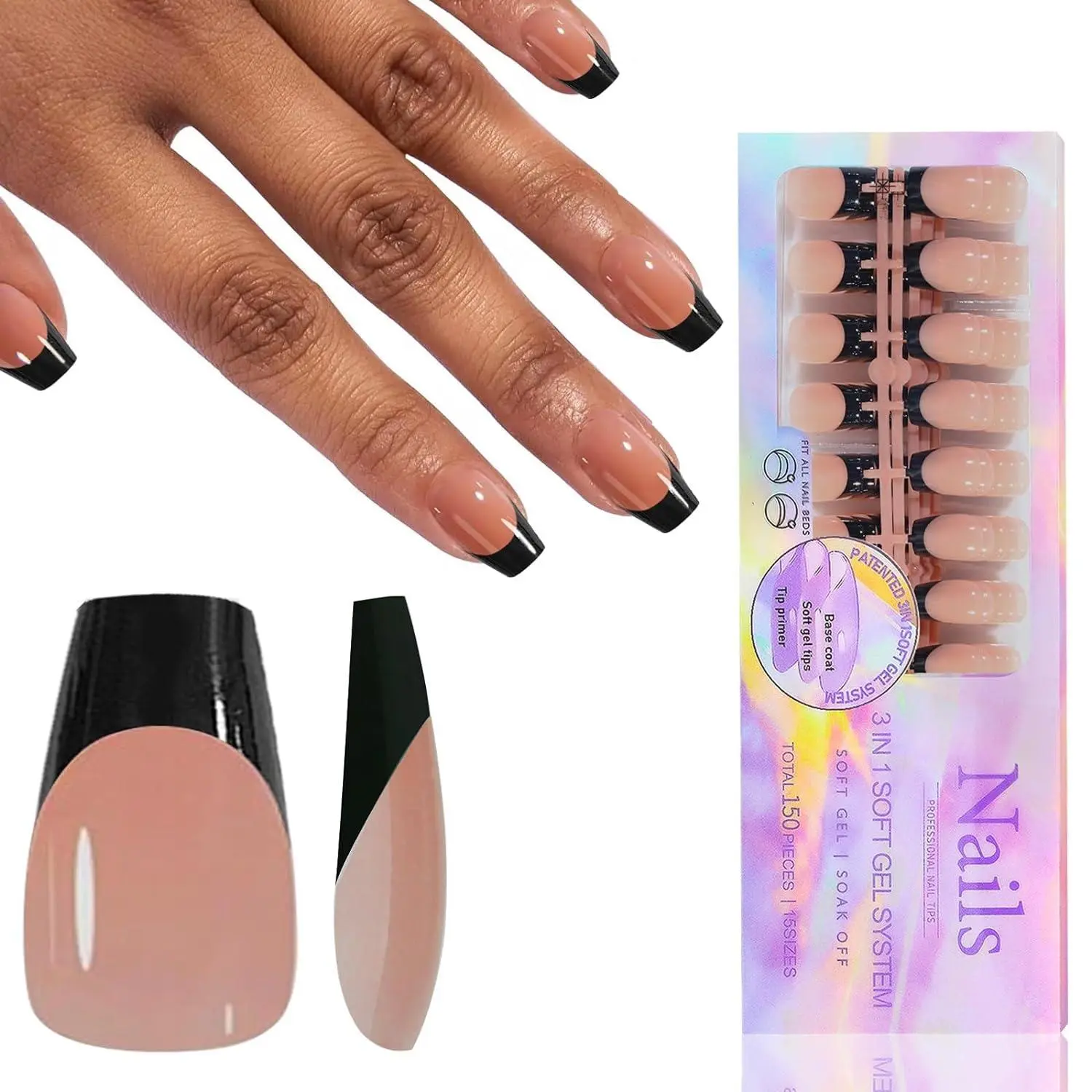 Black French Tip Press on Nails, 150pcs/box French Gel Nail Tips, Pre-applied Tip Primer Base Coat Cover Press On Nails, No Need to File Fake Nails for Nail Art DIY