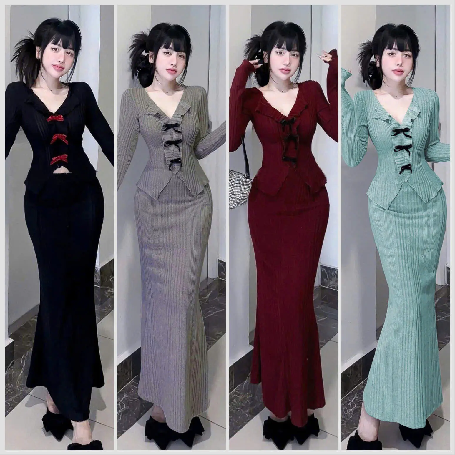 Set áo tay dài đính nơ kèm chân váy dáng dài  chất thun tăm thái thiết kế tôn dáng thích hợp đi chơi lễ