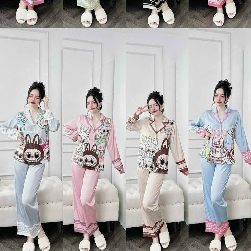 (40-72kg)Đồ bộ pijama tay dài quần dài LABUBU lụa xước thiết kế mới dễ thương, pijama nữ, đồ bộ pizama lụa xước mềm mịn