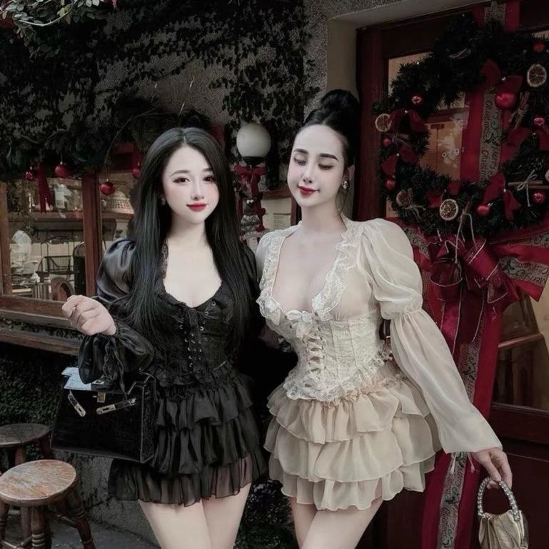 BIGSIZE HIẾU HIẾU (55-95KG) - Set bộ thời trang nữ voan tơ siêu hot Áo tay dài cúp đan dây kèm chân váy tầng dập li