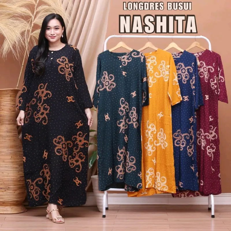 Daster Longdress Lengan Panjang Batik Rayon Santung Bumil Busui Kancing Depan Motif Pekalongan 1