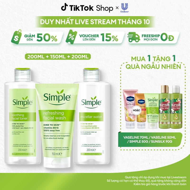 Combo 3 Skincare Simple Nước Tẩy Trang 200ml Sạch Sâu Ẩm Mịn + Sữa Rửa Mặt Lành Tính Sạch Thoáng 150ml + Nước Hoa Hồng Làm Dịu & Cân Bằng Da 200ml - Dành Cho Da Nhạy Cảm [1]