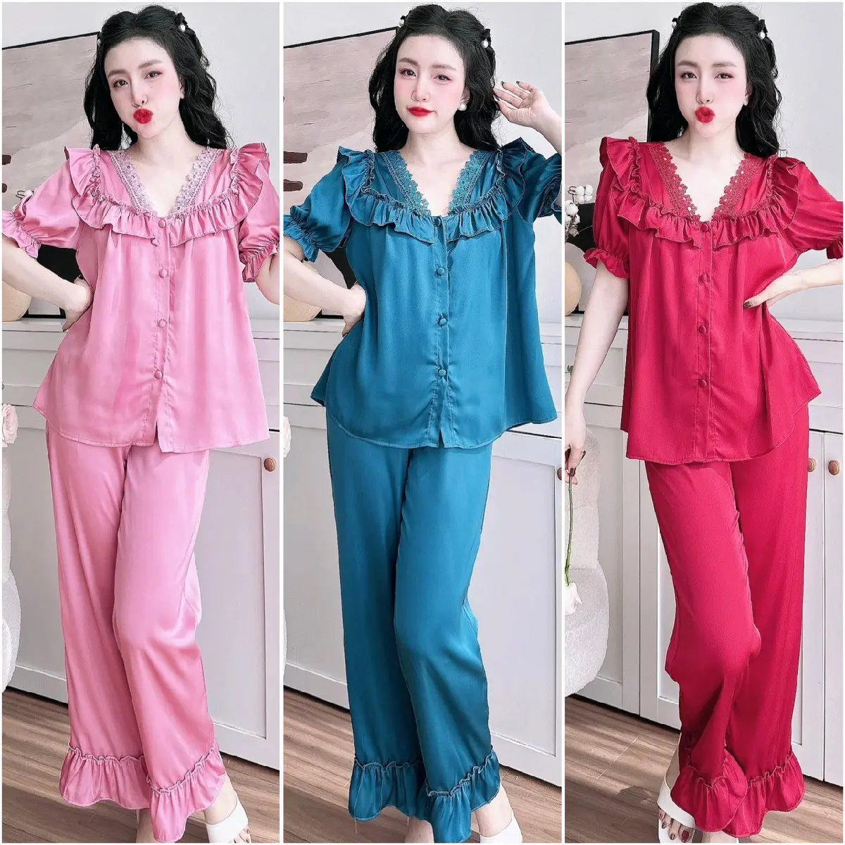 [XÃ KHO]Set 2 món quần suông, tay phồng/Chất lụa [MÃ A08]