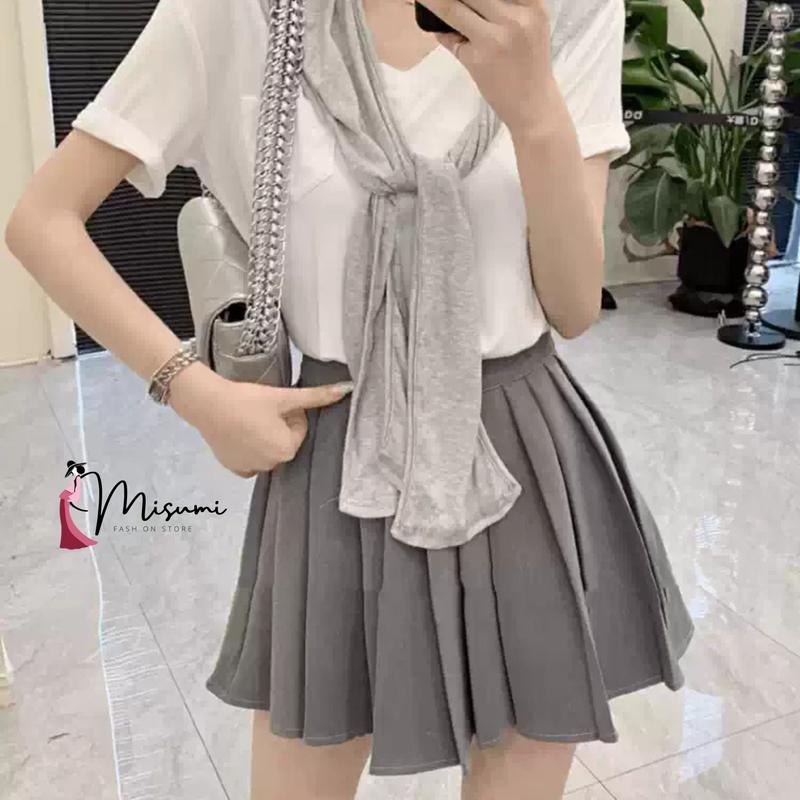 Sét váy MISUMI gồm áo thun ngắn tay, chân váy xếp ly kèm khăn choàng phong cách Hàn Quốc ngọt ngào dễ thương SET6 3