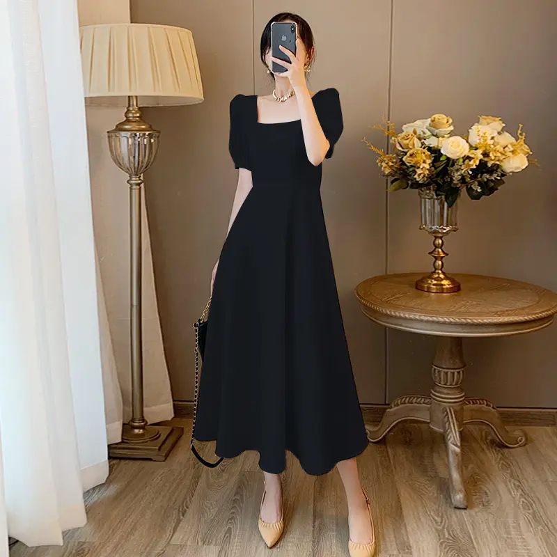Waist cinching dress for women 2025 new style square neck slimming temperament long skirt Casual Womenswear Lingerie Summer Short Sleeve