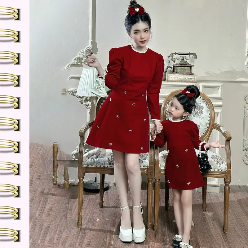 [Đầm Dự Tiệc] Set Váy Đôi Mẹ Và Bé Thiết Kế JENNA DRESS Đính Nơ Váy Nhung Bé Gái 1,2,3,4,5 Tuổi MOGIHOUSE 1