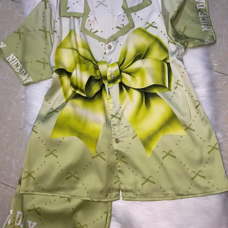 [PJM115] Bộ pijama đùi nơ xanh, lụa latin tơ tằm