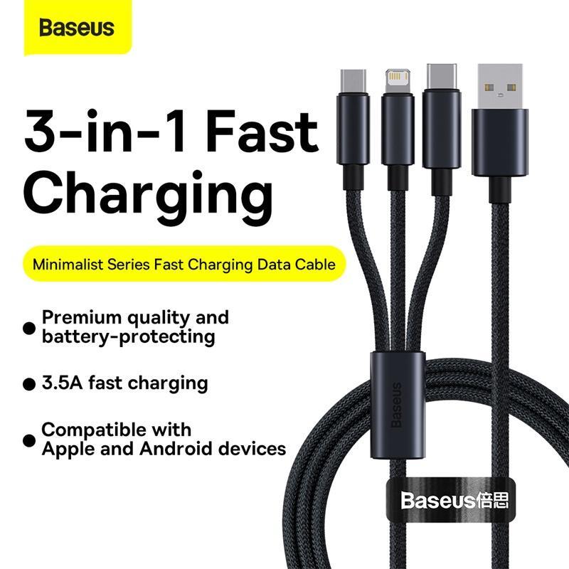 Baseus dây sạc 3 in 1, đầu USB cho Samsung Xiaomi Mi 9, dây sạc giành điện thoại i13 12 11, cáp dữ liệu Micro USB HKW