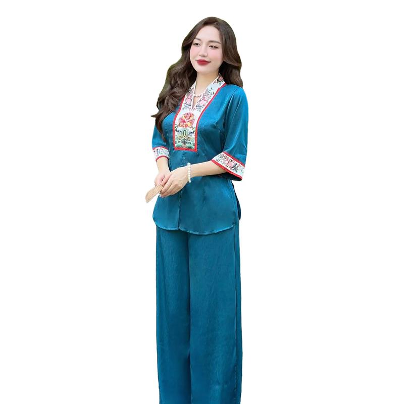 Bộ Đồ Lam Nữ Đi Chùa BIGSIZE(60-70KG) Phối Viền Hoa Văn Trang Nhã Chất Liệu Vải Lụa Mềm Mịn DL003 Áo Top Women Vàng - Xanh - Trắng Đỏ