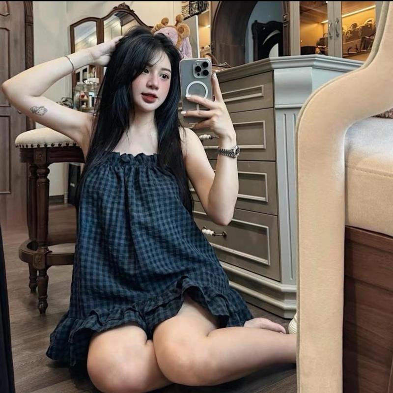 Sét Đồ Ngủ 2 Dây Nữ Đẹp Pijama Dành Cho Nữ Chất Đũi Thô Mong Nhe Họa Tiết Caro (Có BIGSIZE) Áo Ngủ Quần Ngủ Women vn đuôi chuối