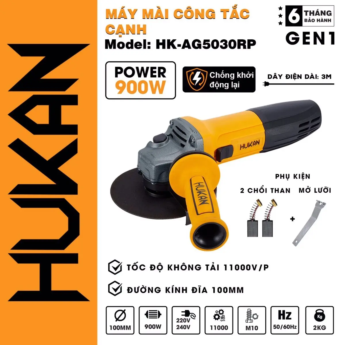 Máy cắt máy mài dùng điện HUKAN AG5030RP ,Công suất 900W,Động cơ roto lõi đồng.may mai dien
