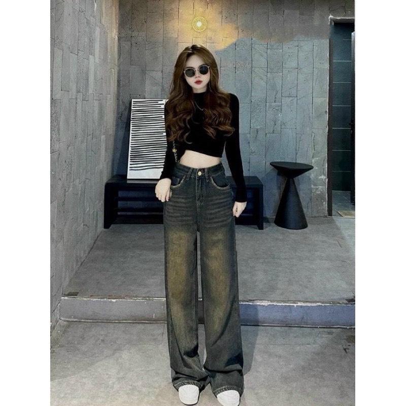 Quần jean ống rộng túi sau rách cá tính- Quần jean nữ cạp cao màu bụi chuẩn ảnh phong cách Hàn Quốc Women Lưng Cao 0