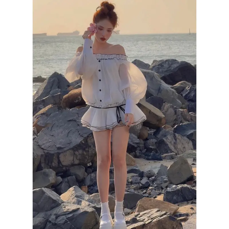 Váy trễ vai bèo viền đen chất tơ xốp dáng bí có quần rời - Nữ - Women - Tre Dress Teheeshop váy  tiệc 7