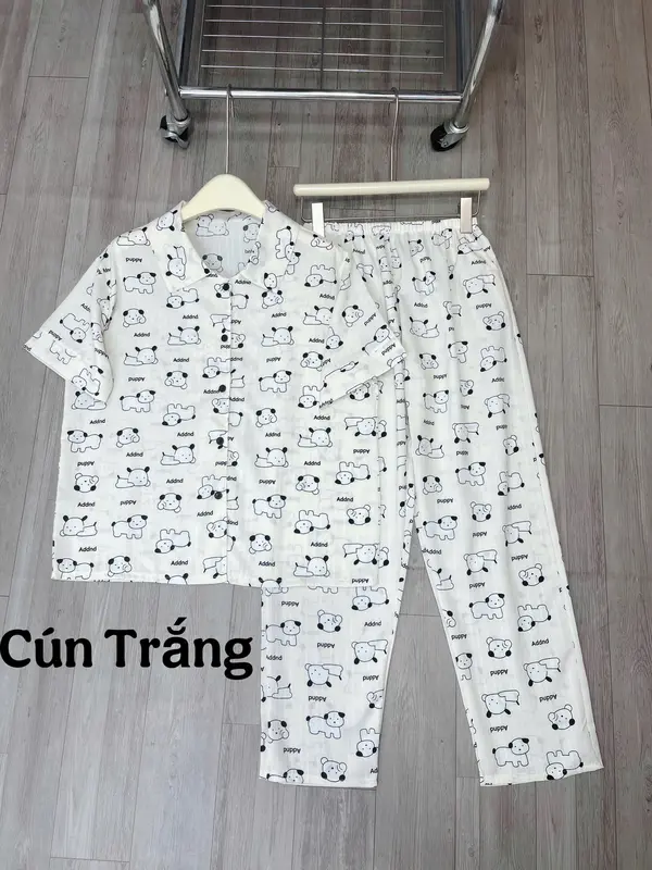 Set bộ tay ngắn quần dài in hình họa tiết dễ thương, bộ ngủ tay ngắn quần dài chất liệu xốp sọc freesize từ 40 - 65 kg cho nữ 4