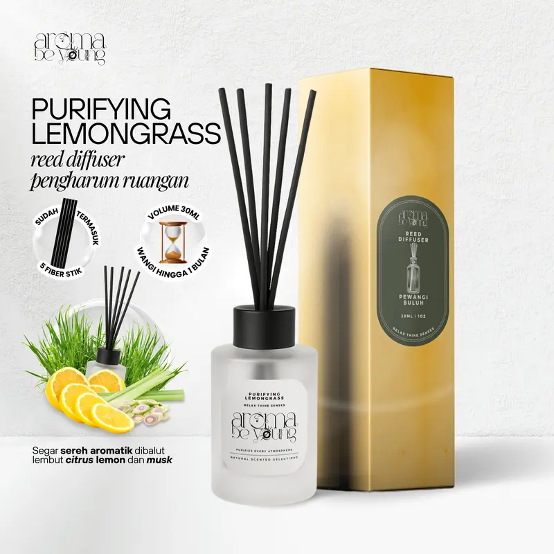 Purifying Lemongrass Reed Diffuser Aromatherapy Premium 30ml | Aroma Be Young Pengharum Ruangan Aromaterapi Wangi Tahan Lama Mewah Pewangi Kamar Dekorasi Rumah Hampers Gift Scent Diffuser Harum Wangi Aroma Sereh Segar Serai Lemon Grass Kado 0