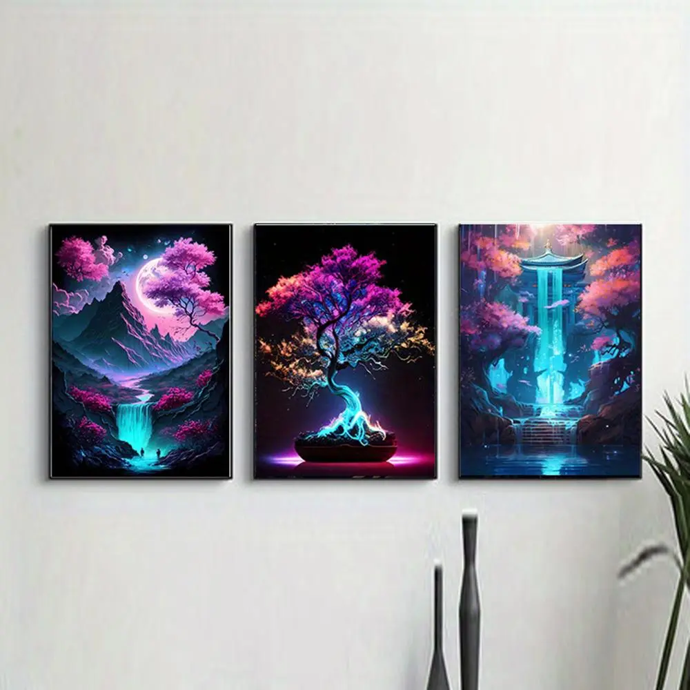 Tree & Moon & Castle Pattern Canvas Painting without Frame, 3counts/set Punk Style Wall Art Painting, Wall Decor for Home Living Room Bedroom