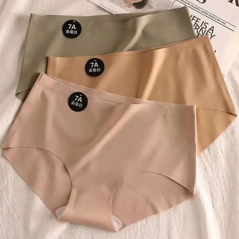 Women's Summer Ice Silk Traceless Underwer Breathable Cotton Crotch Brief Simple Solid Color Mid Waist Yoga Triangle Panties