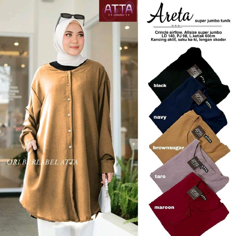 Atasan Wanita Kemeja  Polos Areta Tunik Jumbo LD140 Bahan Crincle Airflow Full Kancing Oversize Muslim 0