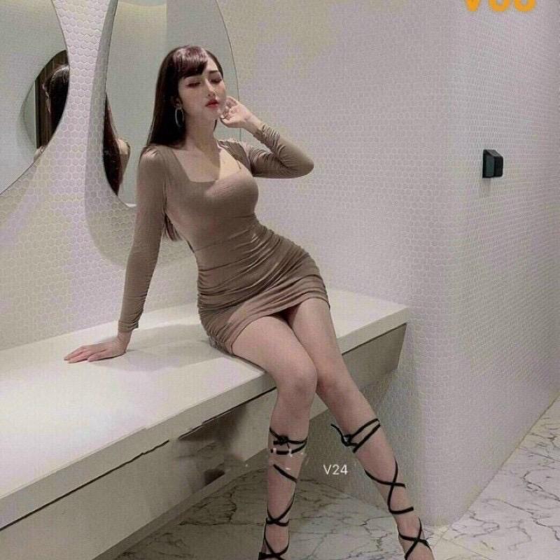 Váy body - Đầm body nữ dài tay cổ vuông nhún sườn  chất đẹp 3