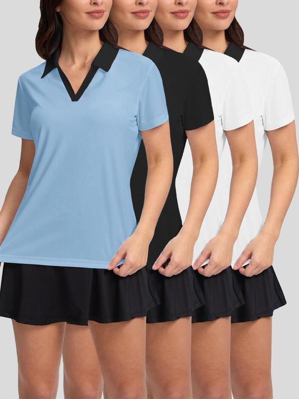 Women's Solid Color Polo Shirt, Casual Comfy Breathable Short Sleeve Collared T-Shirt for Summer, Ladies Clothes for Daily Wear 0