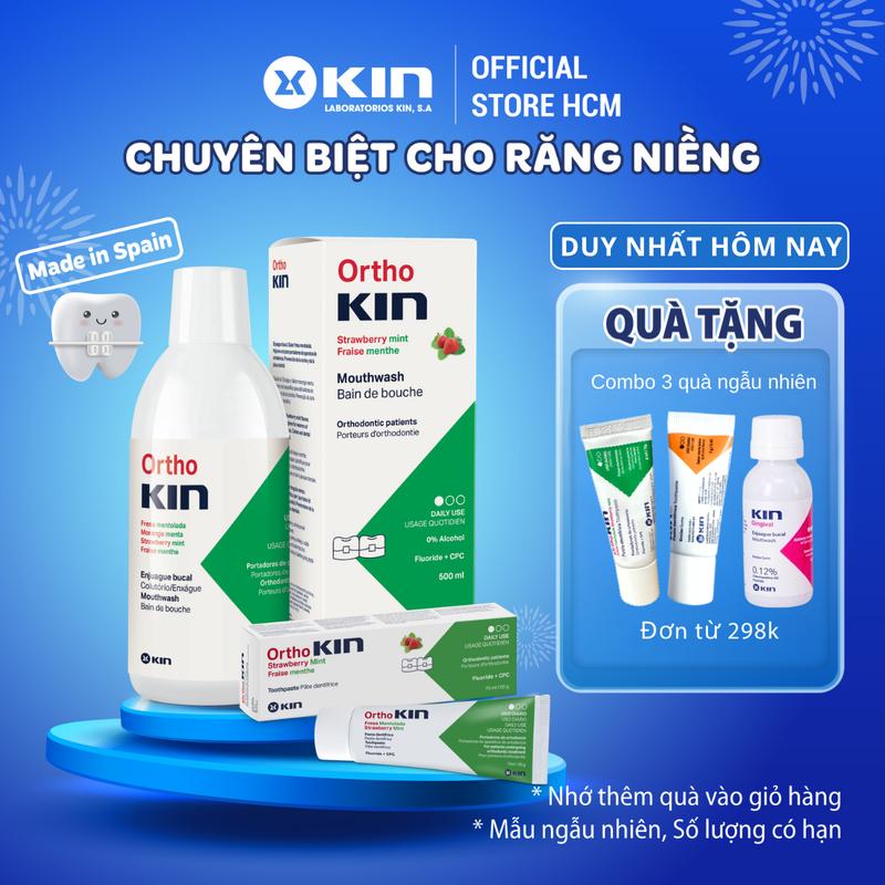 Combo Nước súc miệng Kem Đánh Răng Ortho Kin cho răng niềng 500ml 75ml