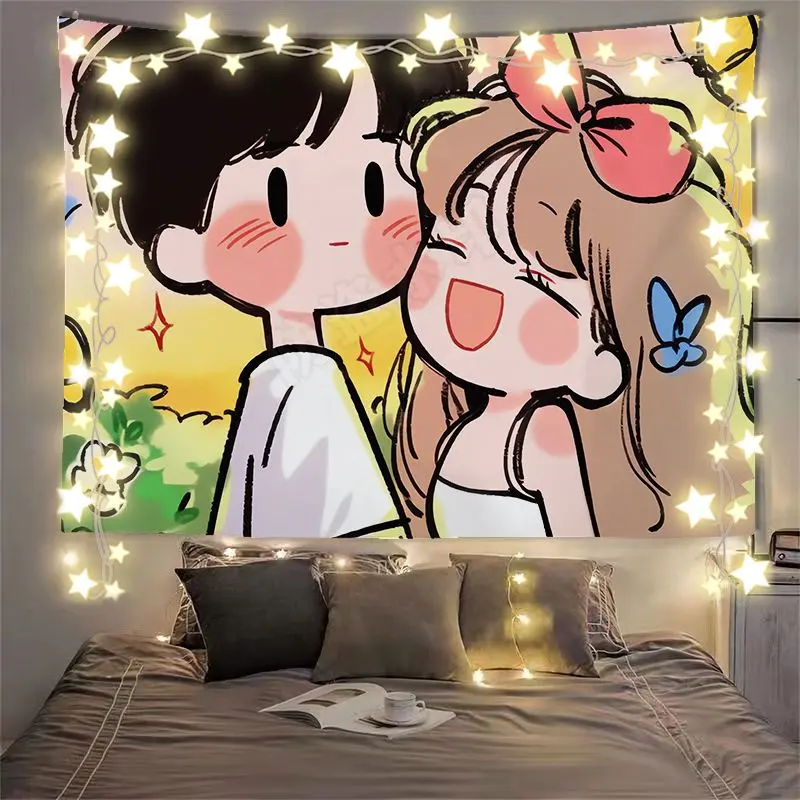 คู่รักสไตล์น่ารักอะนิเมะ INS หญิงห้องหอพักข้างเตียงตกแต่งพื้นหลังผ้าแขวนผนังผ้า